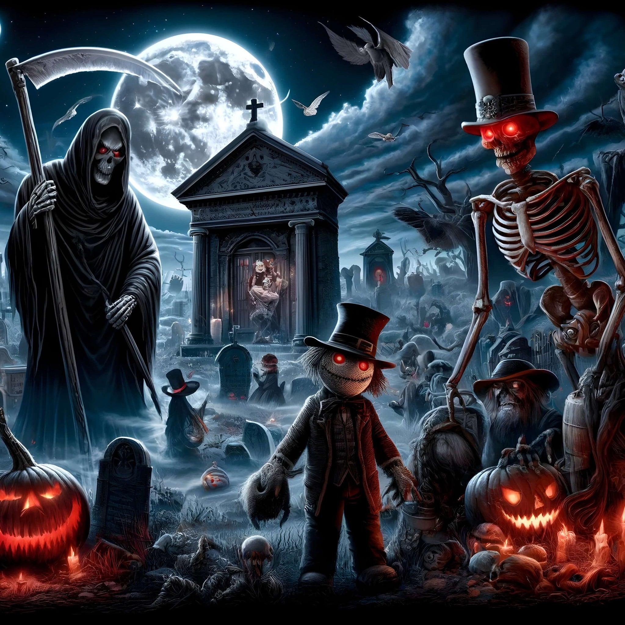 Haunted graveyard jigsaw puzzle with Grim Reaper, skeleton and jack-o’-lanterns under a full moon