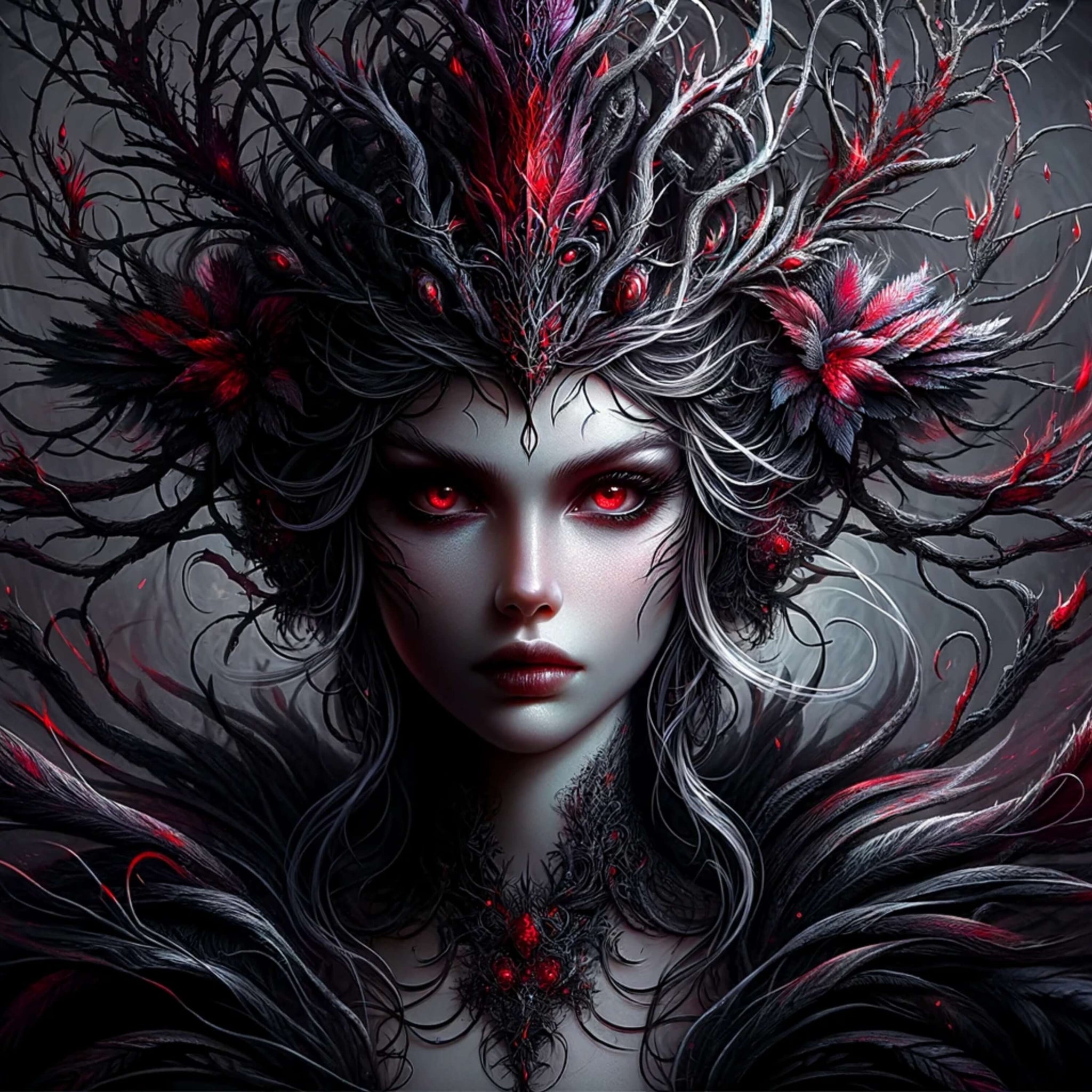 Gothic fantasy art adult jigsaw puzzle featuring crimson-eyed sylph portrait