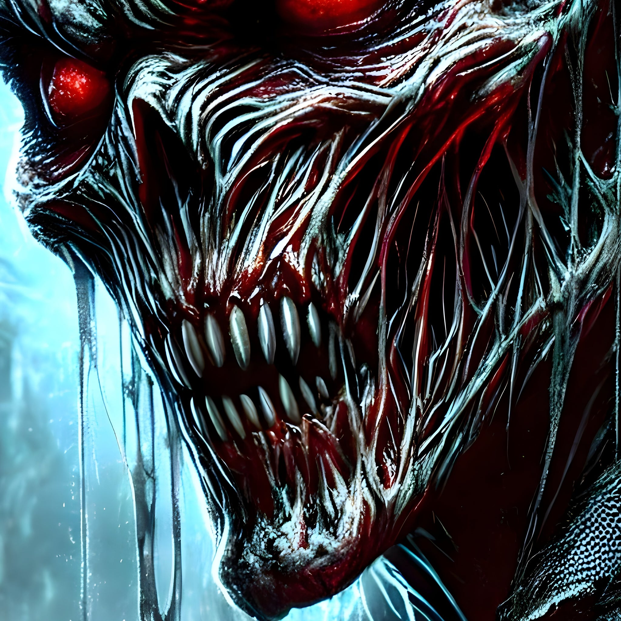 Close-up of sharp teeth and red sinew from Midnight Marauder artwork—high-contrast detail.