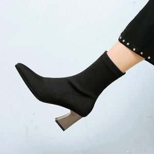 Leather Bling Pointed Toe High Heels Mid Calf Boots Verkadi.com
