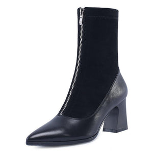 Sexy Italian Style Square Heel Leather Sock Mid Calf Boots Verkadi.com
