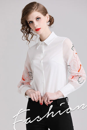Embroidered Lantern Sleeve Women's Shirt Blouse Top