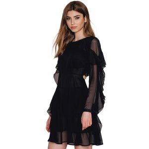 Solid Black Mesh Sheer Ruffles Lace-up Mini Dress