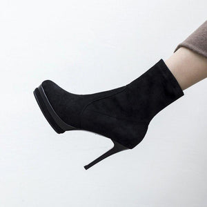Sexy Euro Stretch Fabric Pencil Heel Platform Mid Calf Boots Verkadi.com