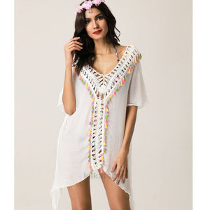 Cool Crochet Tassel Solid Robe Backless Beach Cover Up Dress