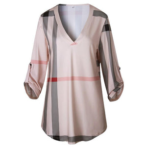 Plaid Printed  V Neck Long Sleeve Chiffon Shirt Top Verkadi.com