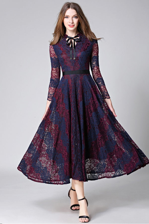 intage Lace Flower Print A-Line Mid-Calf Dress