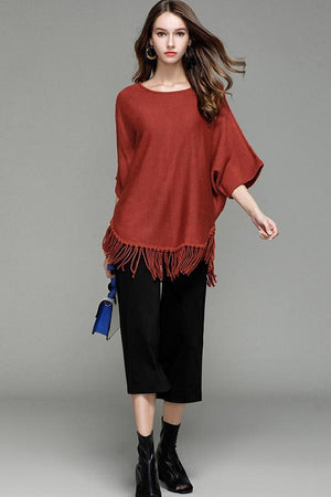 Knitted Bat-Wing Tassel Sleeve Sweaters Pullovers Tops
