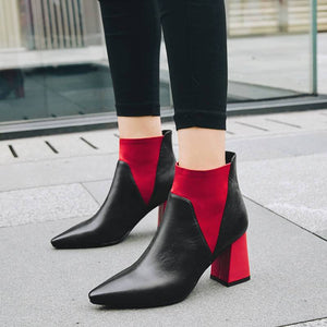 New Twin Color Pointed Toe Slip On High Heel Ankle Boots