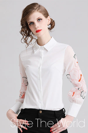 Embroidered Lantern Sleeve Women's Shirt Blouse Top