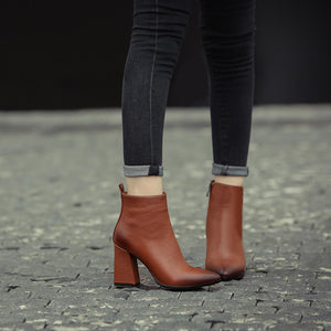 Pointed Toe Genuine Leather Square High Heel Ankle Boots