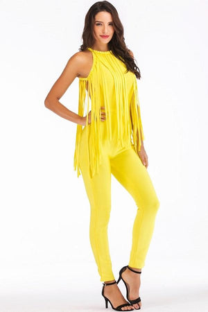 Yellow Tassel Bandage Sleeveless women Jumpsuits Dresses