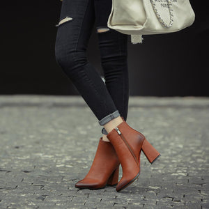 Pointed Toe Genuine Leather Square High Heel Ankle Boots