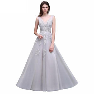 Silver Lace Applique Long Backless Event Prom Party Dress Verkadi.com