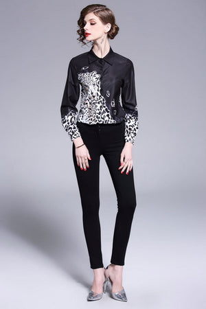 ong Sleeve Turn-Down Collar Slim Print Women's Shirt Blouse Top