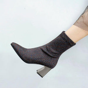 Leather Bling Pointed Toe High Heels Mid Calf Boots Verkadi.com