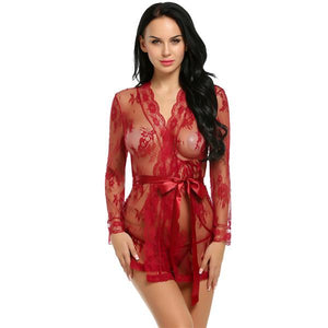 Sexy Robe Gown Lace Front Tie Flare Sleeve Lingerie Set Verkadi.com