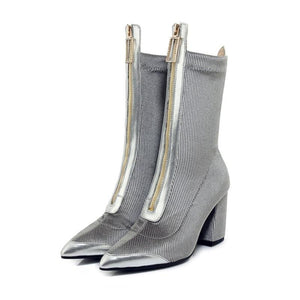 Leather Corduroy Pointed Toe Square High Heel Mid Calf Boots