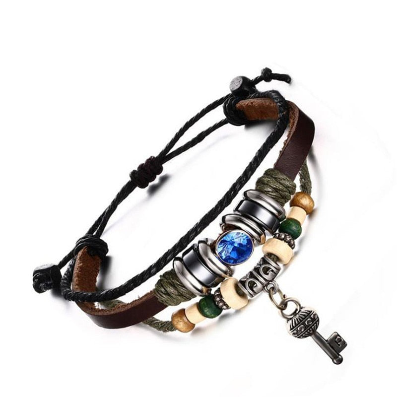 Hip Woven Calfskin Rope Wood Bead Key Unisex Bracelet