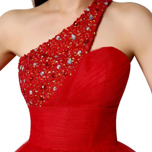 One Shoulder Short Crystal Beading Red Tulle Party Prom Dress Verkadi.com