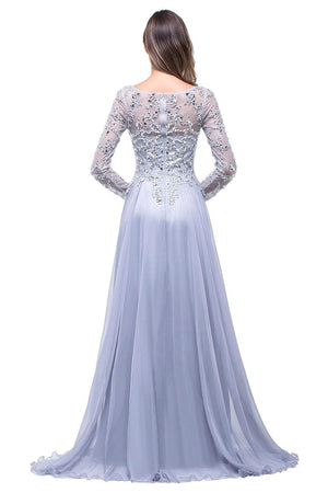 Beaded Sexy Sheer Boat Neck Chiffon Evening Dress Gown