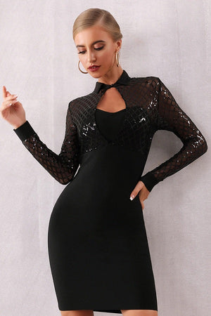 Long Sleeve Bodycon Bandage Sequin Lace Club Party Mini Dress