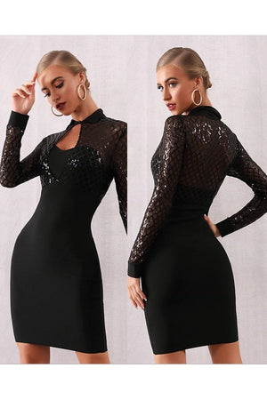 Long Sleeve Bodycon Bandage Sequin Lace Club Party Mini Dress