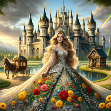 Fairytale princess in jeweled gown before a majestic castle and rainbow—Castle of Dreams 1000-piece puzzle.