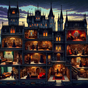 Gothic Victorian castle cross-section jigsaw puzzle for adults—dark fantasy mansion with glowing rooms