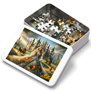 Giftable puzzle tin with Castle of Dreams artwork and bagged pieces.

