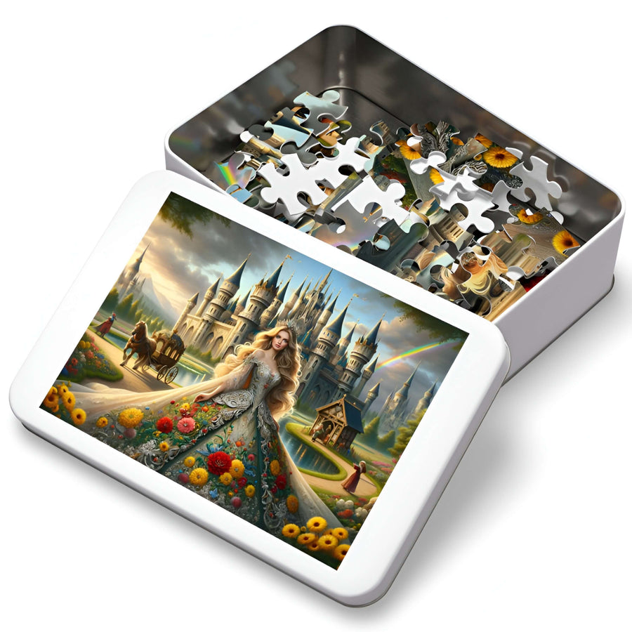 Fairytale princess in jeweled gown before a majestic castle and rainbow—Castle of Dreams 1000-piece puzzle.