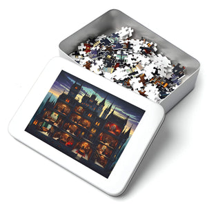 Gift tin with puzzle pieces and Gothic castle artwork—adult jigsaw by Verkadi