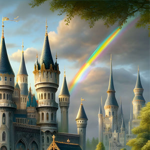 Spires of the fairytale castle with a bright rainbow arcing across the sky.
