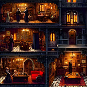 Close-up of intricate castle rooms showing rich Victorian puzzle details