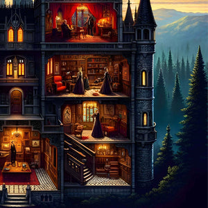 Right wing of Gothic castle with forest backdrop—dark fantasy puzzle art