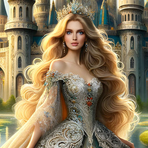 Close-up portrait of the princess in a sparkling tiara and embroidered bodice.