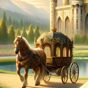 Ornate horse-drawn carriage on the castle path from the Castle of Dreams scene.