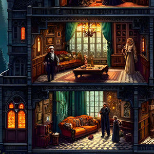 Victorian parlor with green drapes and characters inside the castle—puzzle detail