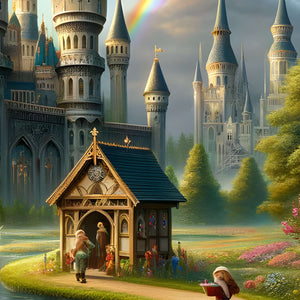 Small chapel and flowered gardens on the castle grounds with rainbow light.