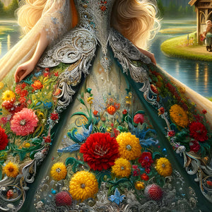 Detailed embroidery and colorful flowers on the princess’s flowing gown.