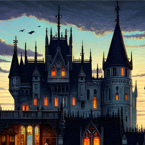 Turrets and towers of the Gothic castle at dusk—moody skyline detail