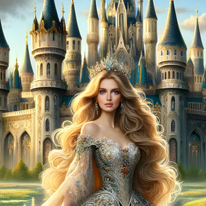 Princess with long hair standing before towering castle turrets.