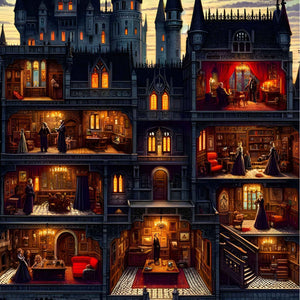 Victorian library and staircase rooms—dark fantasy castle puzzle artwork