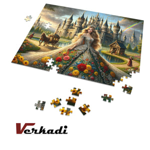 Castle of Dreams puzzle in progress with loose pieces on a white table.