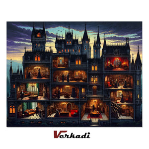 Detailed illustration of a gothic castle with multiple rooms at night.

