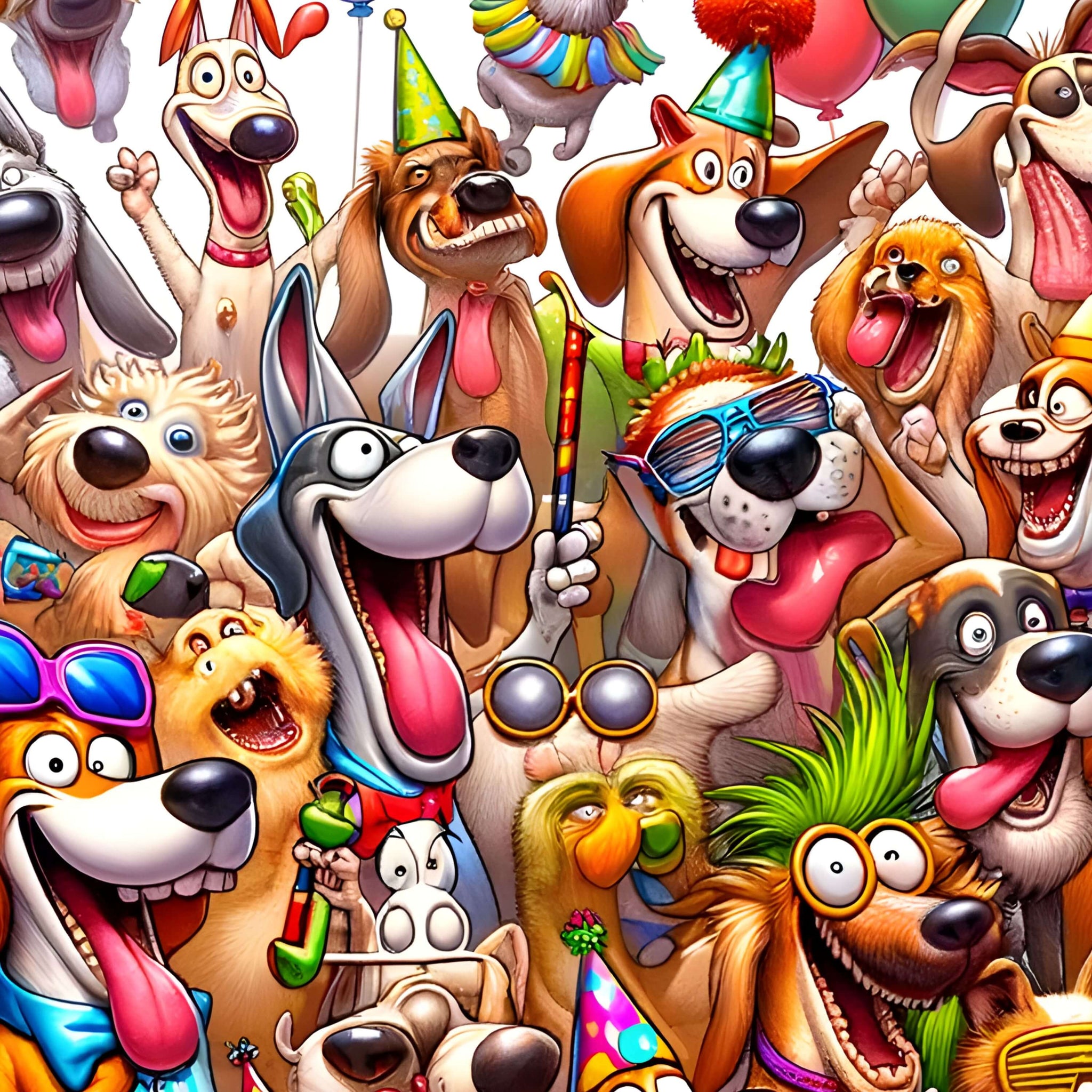 Close-up of smiling dogs with balloons and hats—high-detail section.