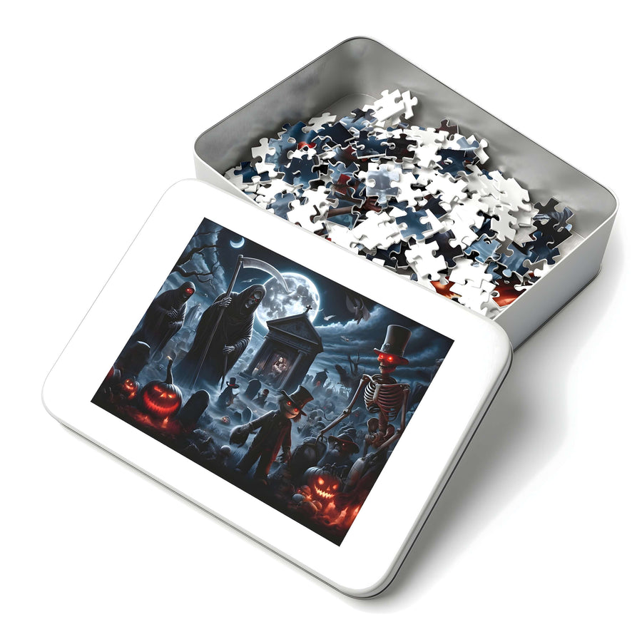 Haunted graveyard jigsaw puzzle with Grim Reaper, skeleton and jack-o’-lanterns under a full moon