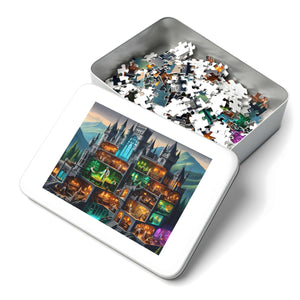 Giftable metal tin with Wizard’s Gothic Fortress artwork and puzzle pieces