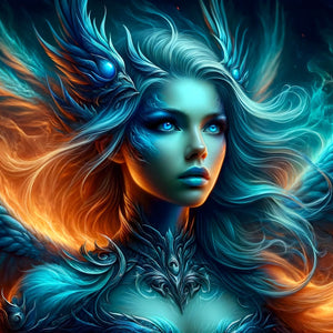 Aquaflame Valkyrie fantasy art adult jigsaw puzzle featuring fire and ice goddess artwork