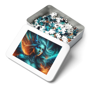 Gift tin with Aquaflame Valkyrie artwork and puzzle pieces for adults